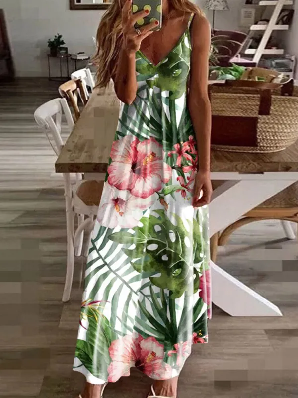Tropical Print Sleeveless Vacation Summer Maxi Hawaiian Dress