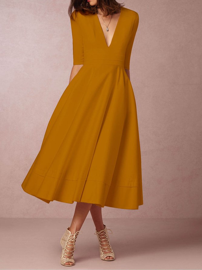 Women Deep V Neck 3/4 Sleeve Paneled Solid Elegant Swing Prom Dress