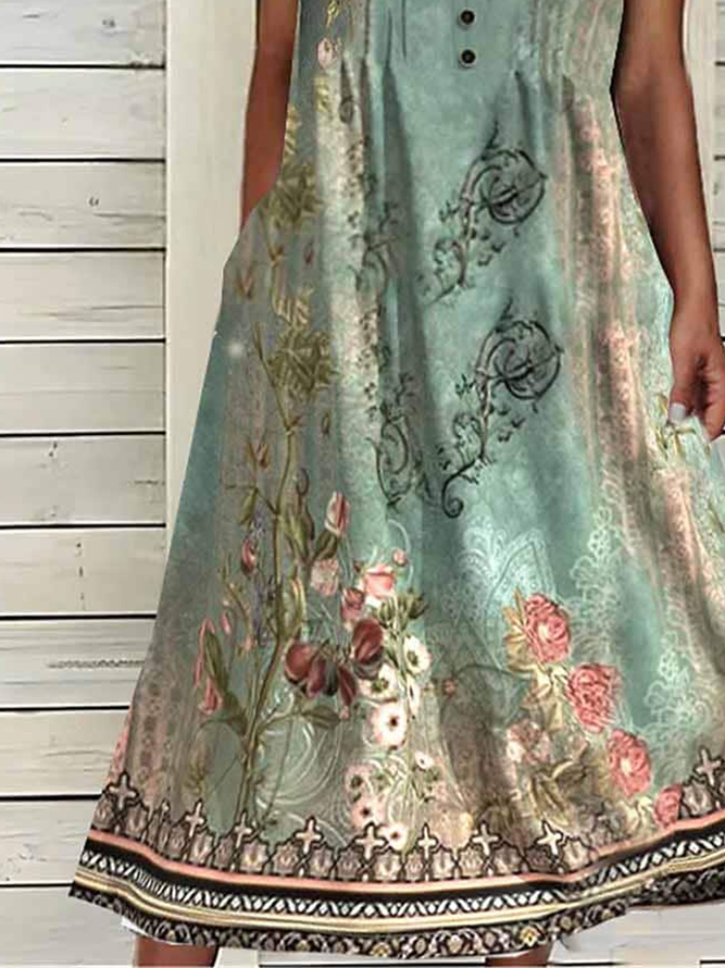 Ethnic Buttoned Boho Half Open Collar Dress