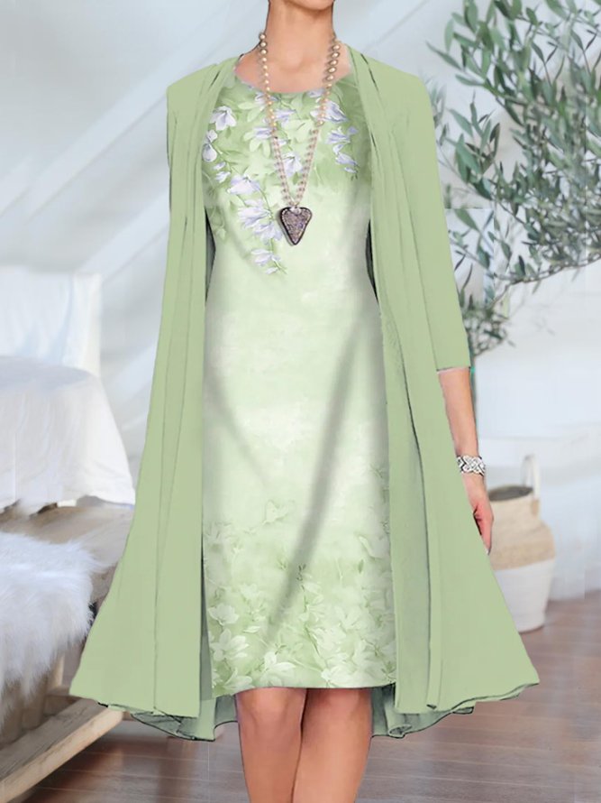 2PCS Round Neck Floral Casual Dress & Cardigan