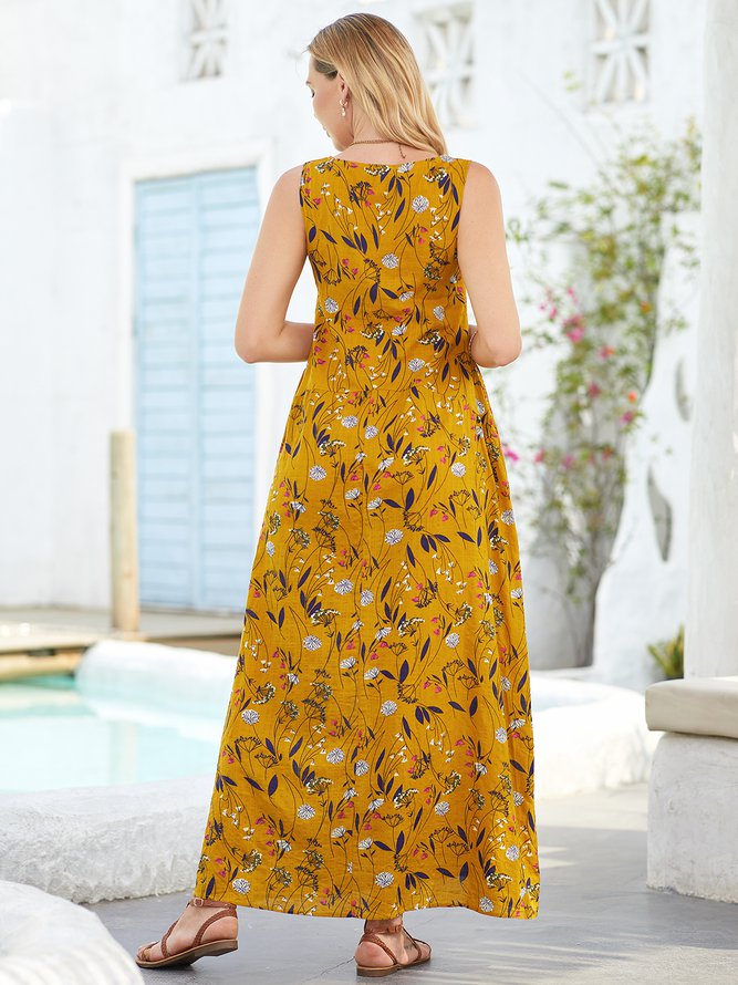 Sleeveless Floral Printed Casual Maxi Weaving Dress