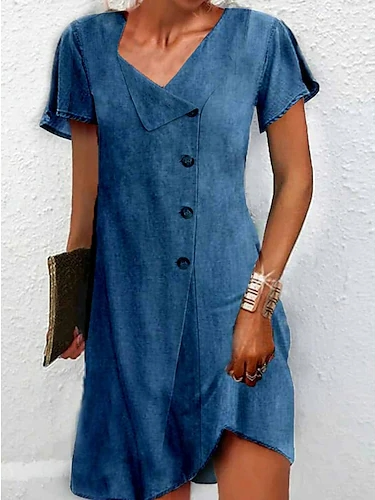 Asymmetrical Neck Buttoned Casual Plain Dress