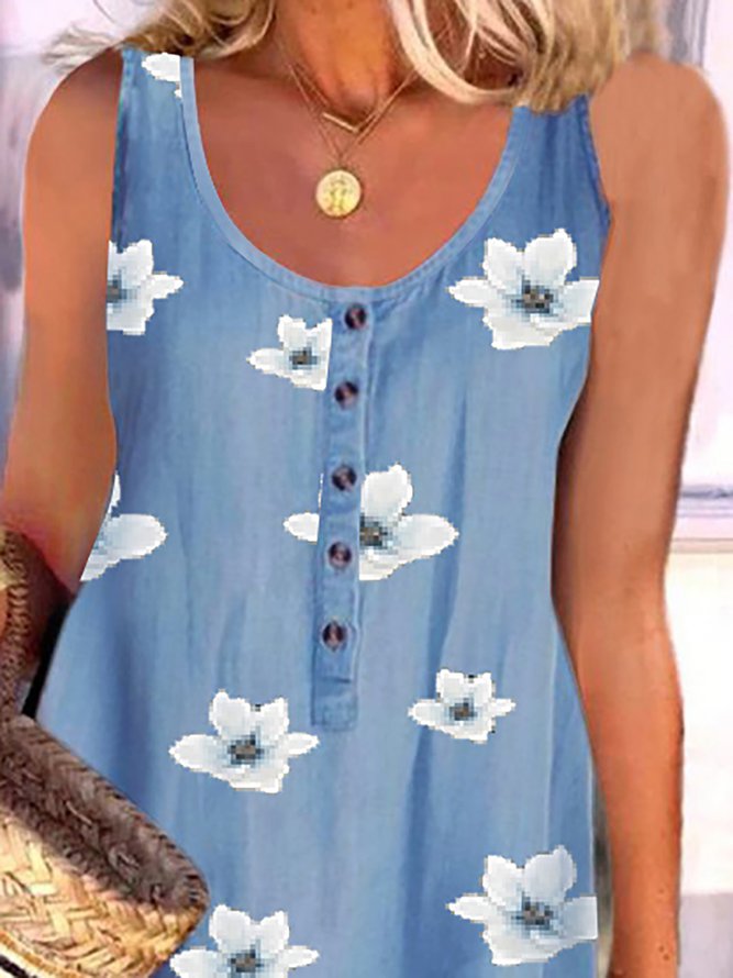 Faux Denim Floral Design Casual Sleeveless Dress