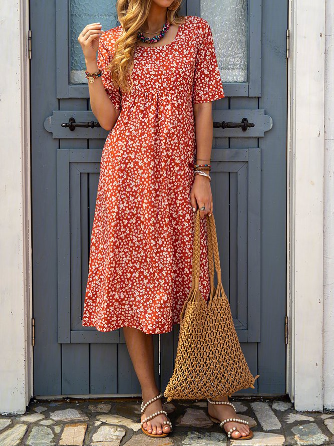 Ditsy Floral Printed Crew Neck Pockets Short Sleeve Casual Midi Shirt Dress