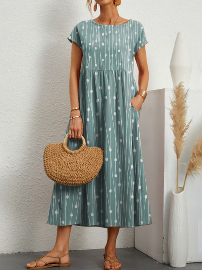 Casual Crew Neck Loose Polka Dots Dress