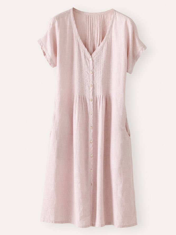 Cotton-Blend V Neck Casual Dress