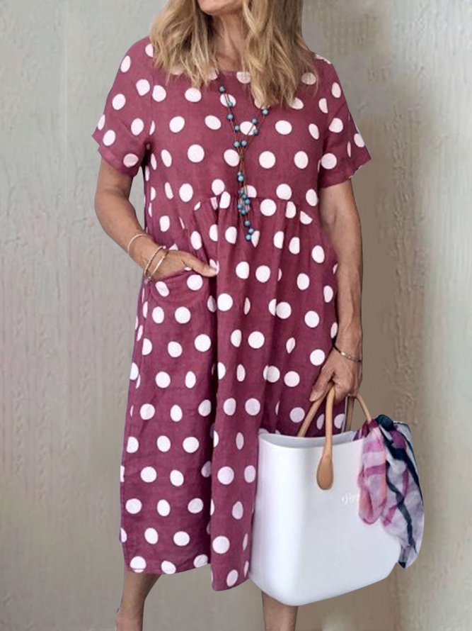 Women Polka Dots Pockets Casual Summer Weaving Smock Dress