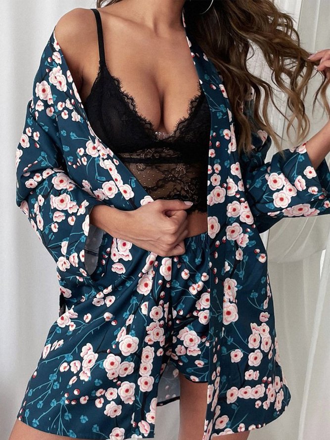Lace Floral Pajamas Three-Piece Set