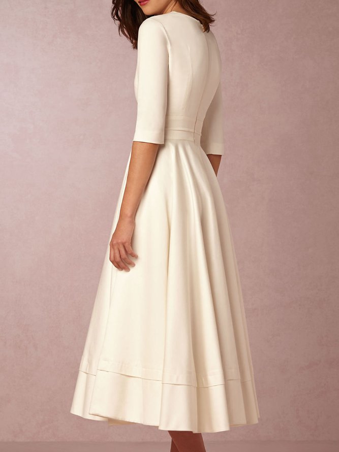 Women Deep V Neck 3/4 Sleeve Paneled Solid Elegant Swing Prom Dress