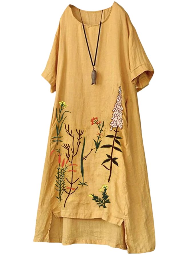 Floral Casual Embroidery Crew Neck Dress