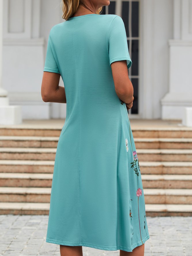Floral Tunic Round Neckline Midi A-line Dress
