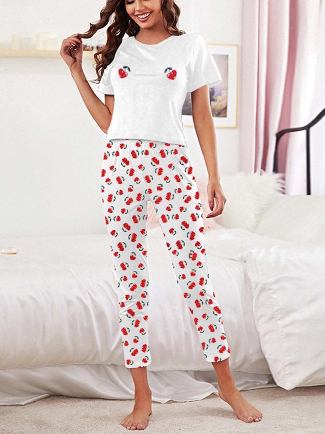 Check Cherry Print Casual Loose Pajama Set