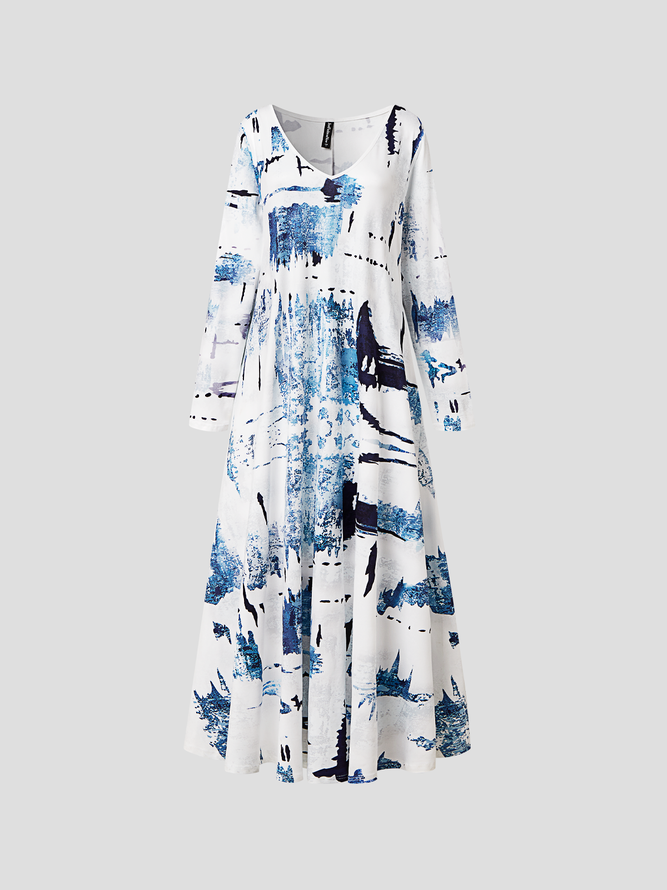 V Neck Geometric Casual Maxi Dress