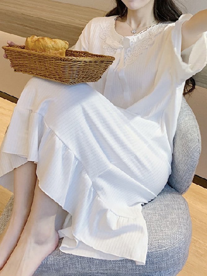 Regular Sleeve Casual Lace V Neck Loose Lounge Dress