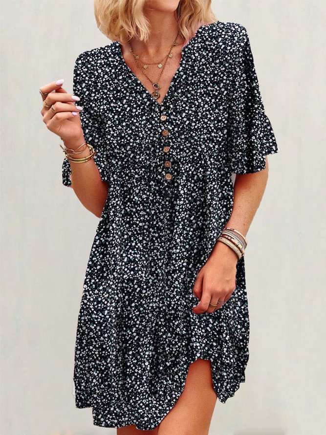 Ditsy Floral Casual V Neck Dress