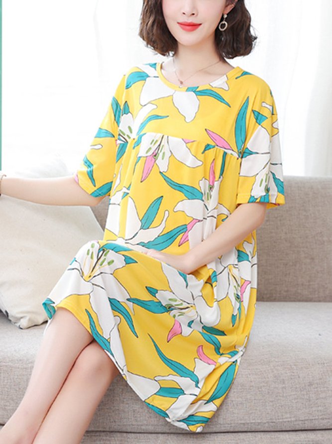 Loose Floral Crew Neck Casual Nightdress