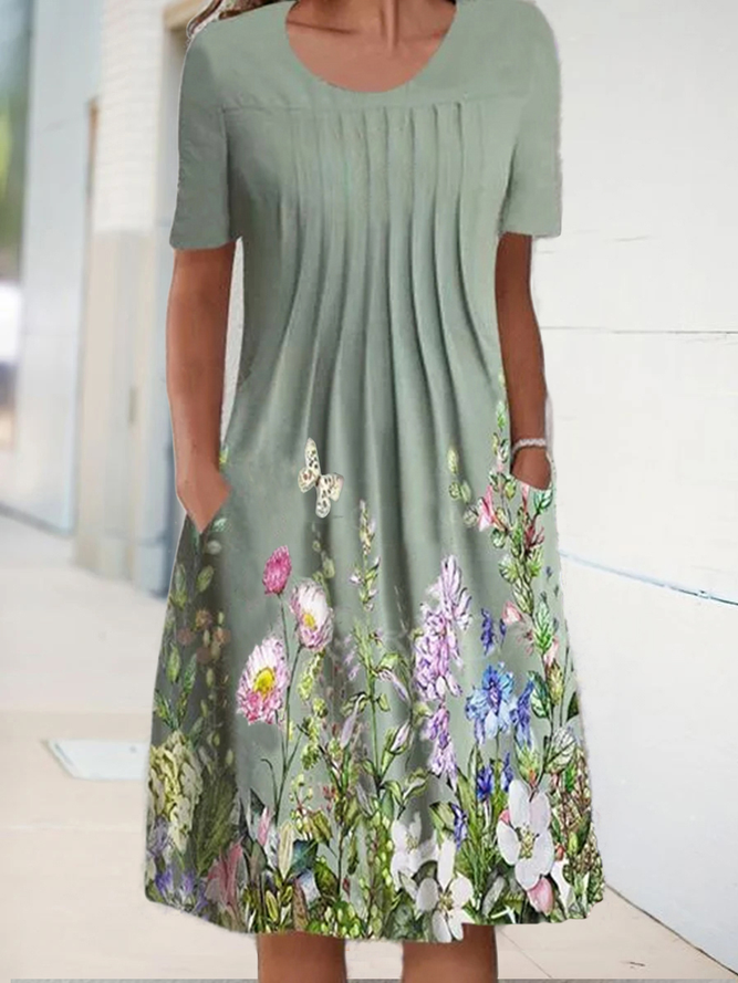 Crew Neck Floral Casual Midi Dress