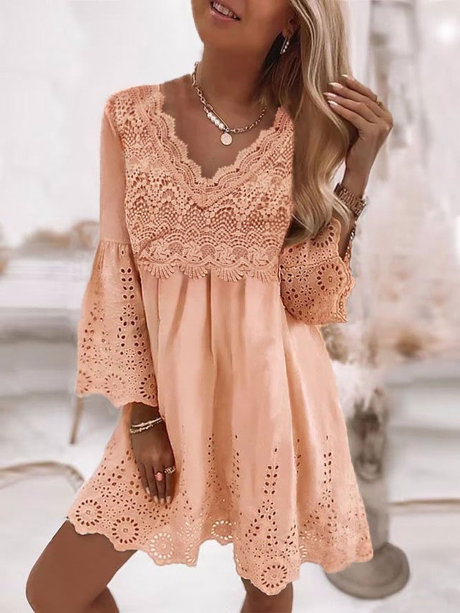 V Neck Lace Casual Loose Dress