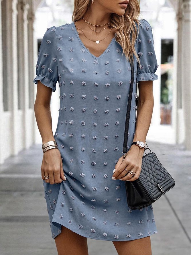 Swiss Dot Lantern Sleeve Plain Simple V Neck Dress