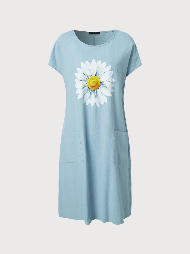 Crew Neck Linen Floral Casual Sunflower Pockets Short Sleeve Dress