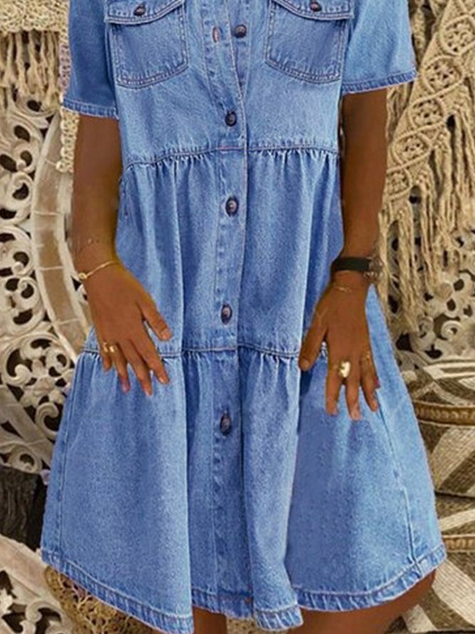 Sky Blue Denim Daily Casual Shirt Collar Short Sleeve Buttoned Pockets A-line Weaving Dress