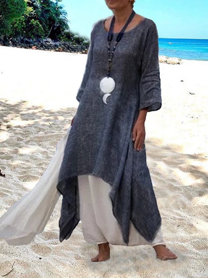 Women Summer Linen 3/4 Sleeve Daytime Crew Neck Asymmetric Dress