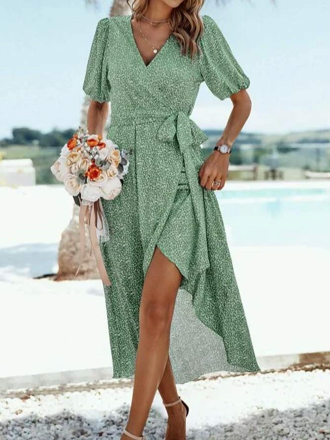 Vacation Loose V Neck Polka Dots Dress