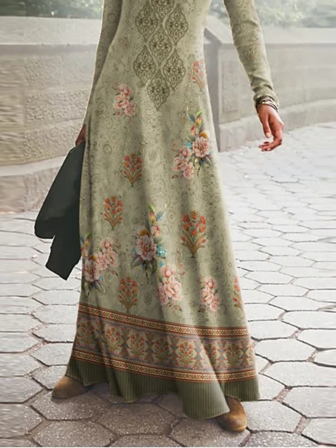 Loose Crew Neck Casual Floral Dress