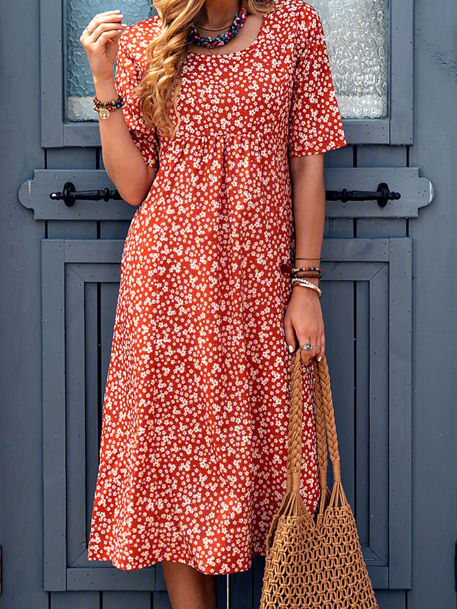 Ditsy Floral Printed Crew Neck Pockets Short Sleeve Casual Midi Shirt Dress