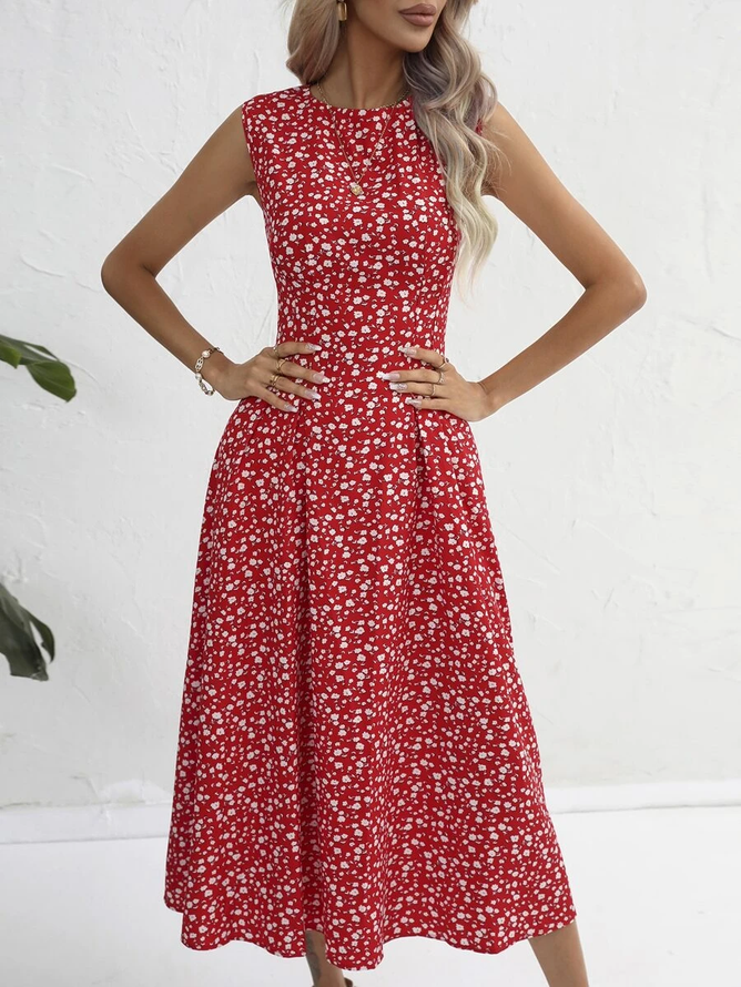 Crew Neck Loose Floral Elegant Ditsy Floral Print Sleeveless Dress