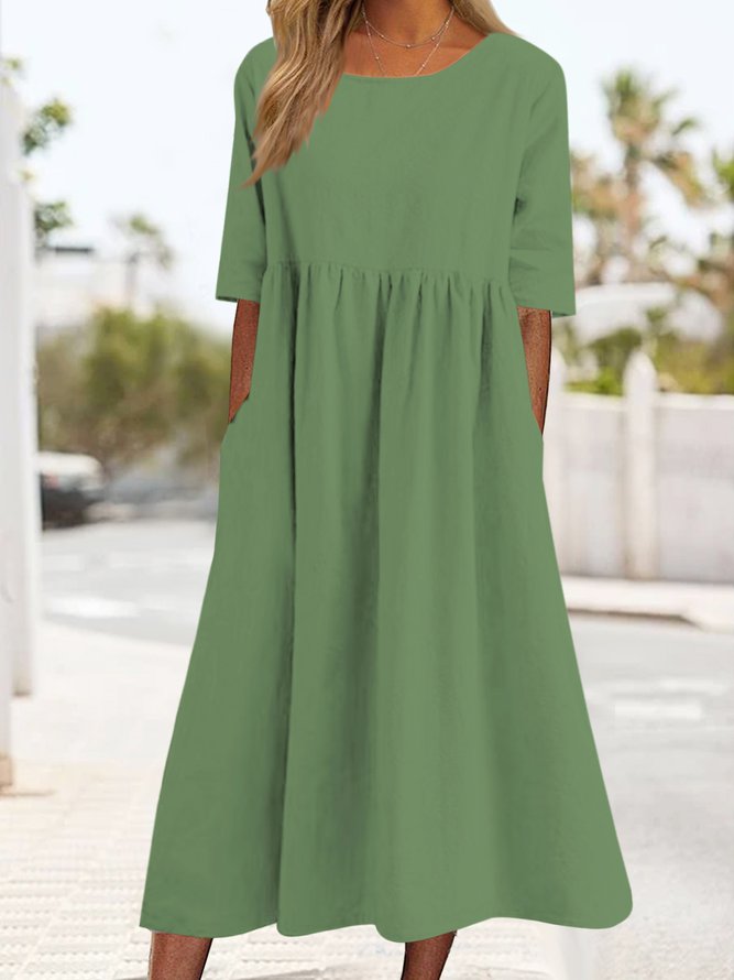 Crew Neck Plain Loose Pocket Long Midi Dress