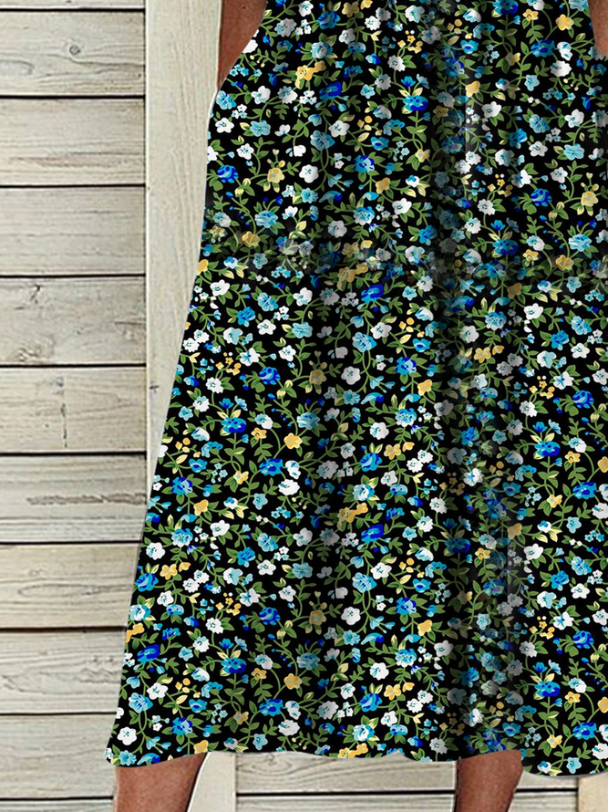 Ditsy Floral Half Open Collar Loose Casual Dress