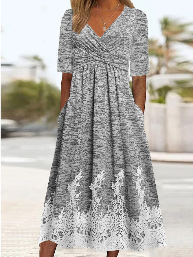 Lace Casual Plain V Neck Dress
