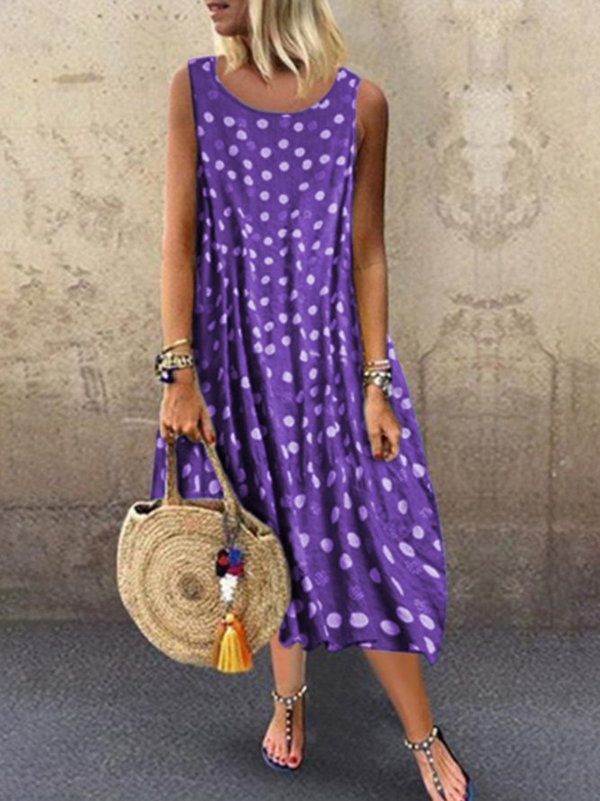 Round Neck Women Summer Weaving Dress Printed Polka Dots Midi Weaving Dress