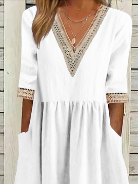 Plain Lace Cotton And Linen Linen Dress