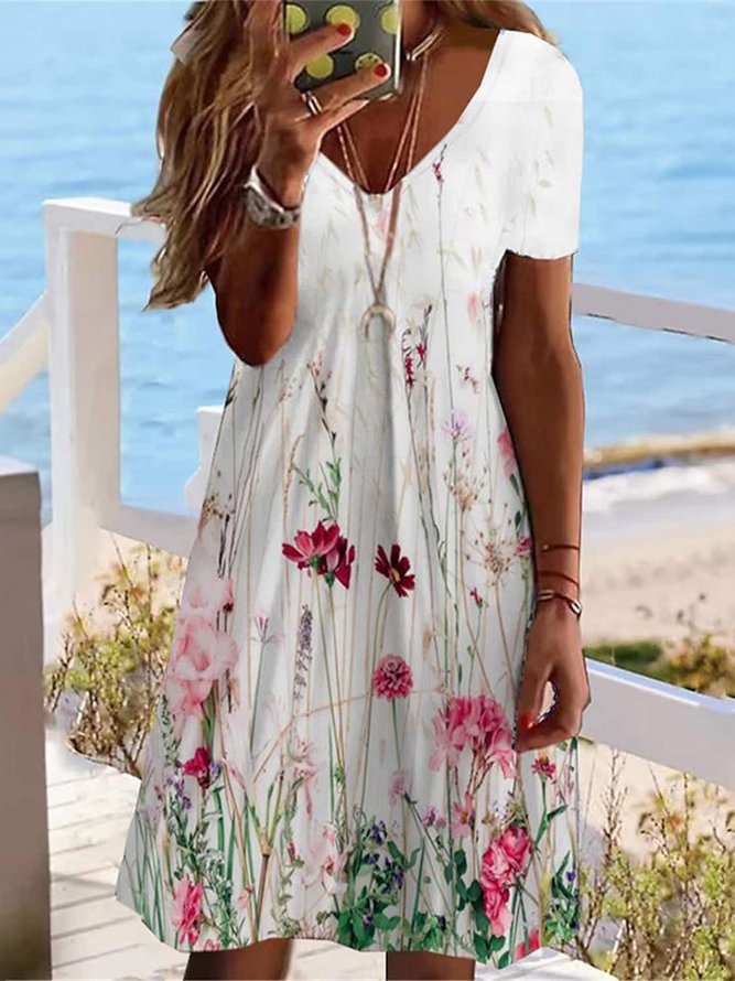 V Neck Floral Fit Casual Dress