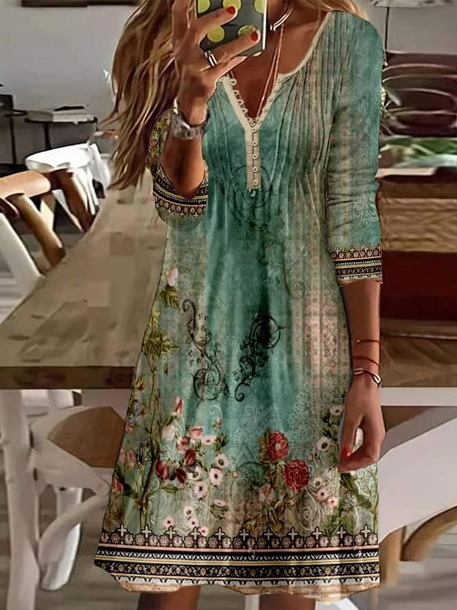 Regular Fit V Neck Ethnic Dress