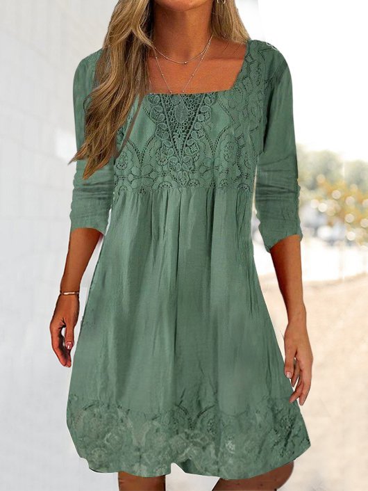 Square Neck Lace Linen Ethnic Plain Casual Loose Tunic Dress