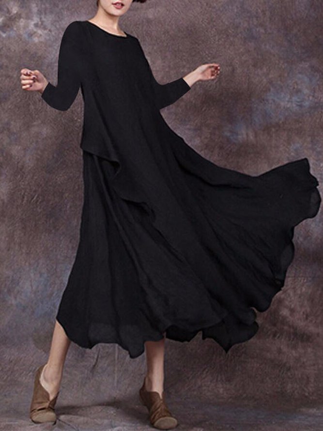 Crew Neck Women Casual Daytime Big Hem Dress Weaving Dress