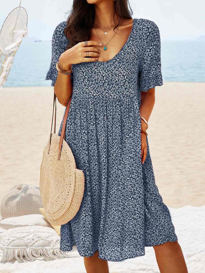 Ditsy Floral V Neck Beach Vacation Casual Mini Smock Dress