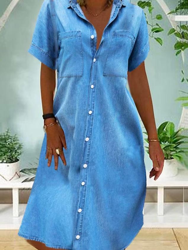 Loose Plain Casual Shirt Collar Dress