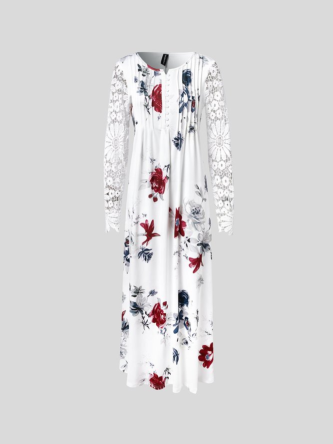 V Neck Floral Lace Sleeve Casual Loose Dress