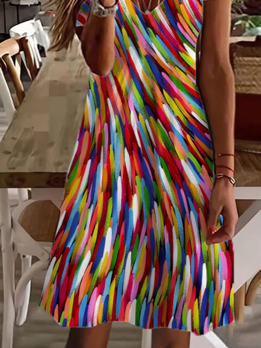 Gradient Pattern V Neck Casual Loose Dress