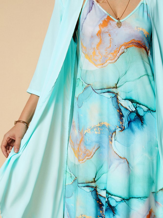 Rainbow gradient marble loose resort beach Chiffon two-piece dress set long