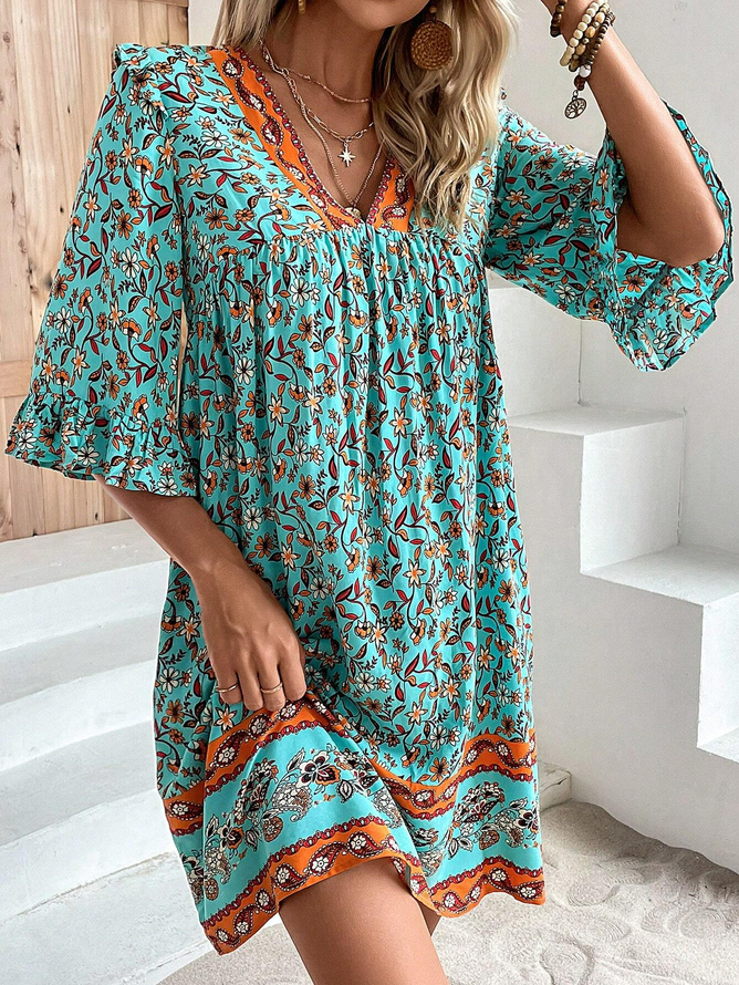 Floral Vacation V Neck Loose Dress