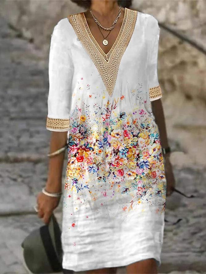 Lace Casual Loose V Neck Floral Dress