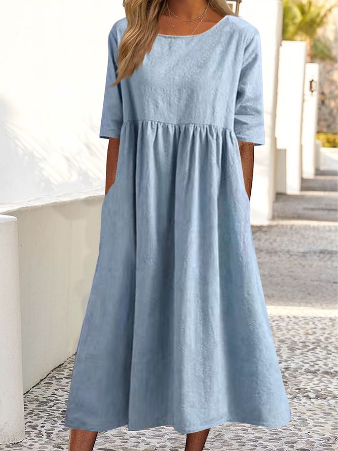 Crew Neck Plain Loose Pocket Long Midi Dress