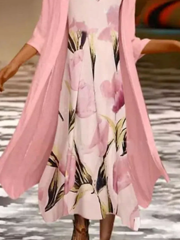Crew Neck Floral Tulip Casual Two-piece Set Dress with Cardigan