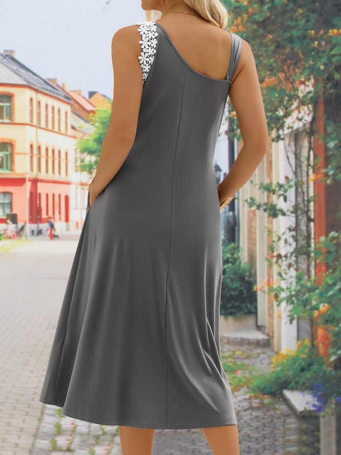 Elegant Lace Asymmetrical Neck Sleeveless Knitting Dress