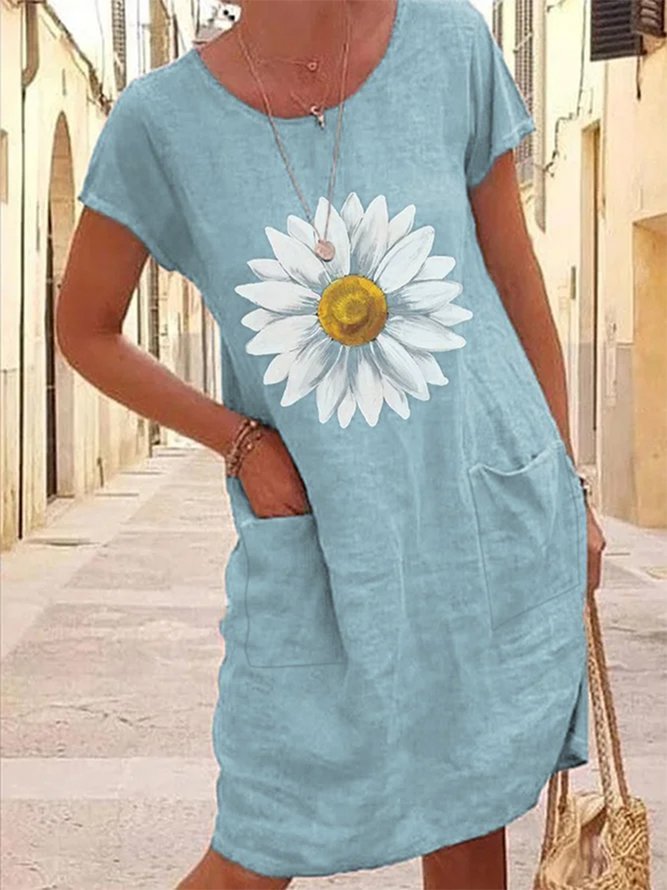 Crew Neck Linen Floral Casual Sunflower Pockets Short Sleeve Dress